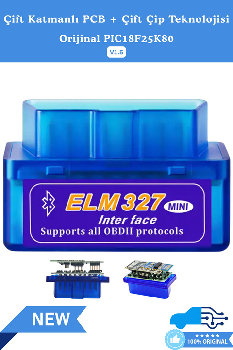 ELM 327 ELM327 V1.5 OBD2 Bluetooth Araç Arıza Tespit ve Silme Cihazı - PIC18F25K80 Çift Çipli, iOS & Android Uyumlu