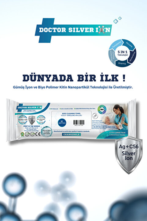 Doctor Silver Ion Gümüş İyonlu Özel , Onarıcı Hasta ve Yaşlı Bakım Mendili – Büyük Boy 12'li