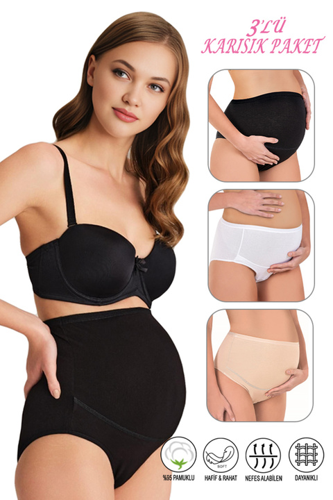 ÖZKAN underwear Özkan 23582 3'lü Paket Kadın Siyah Beyaz Ten Rengi Pamuklu Likralı Süprem Hamile Lohusa Yüksek Bel B