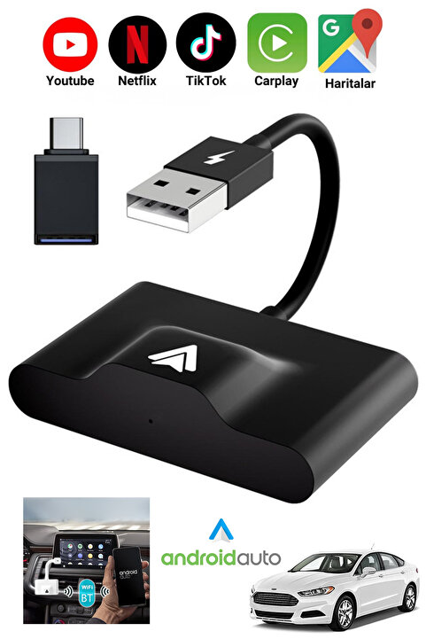 Ally Usb+type-c Adaptör Android Kablosuz Carplay Adaptör Çevirici Siyah