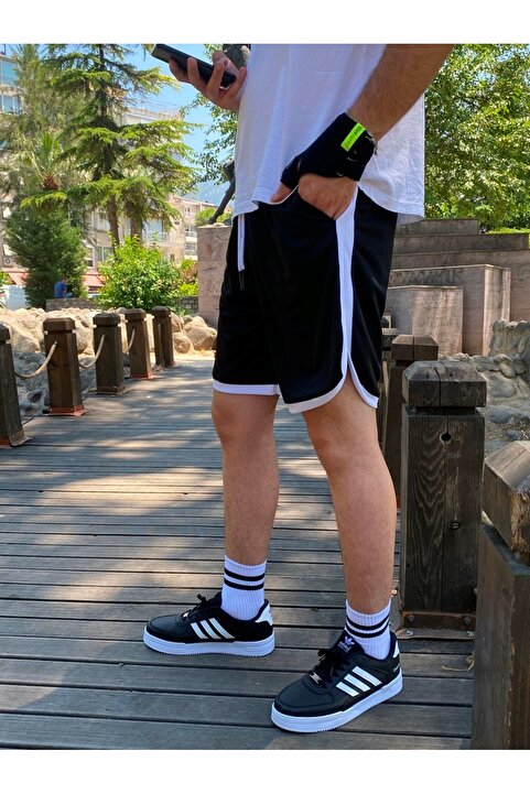 Relax family xf Erkek Siyah Çizgili Günlük Penye Şort Basketbol Futbol Fitness Spor Egzersizi Koşu Bermuda