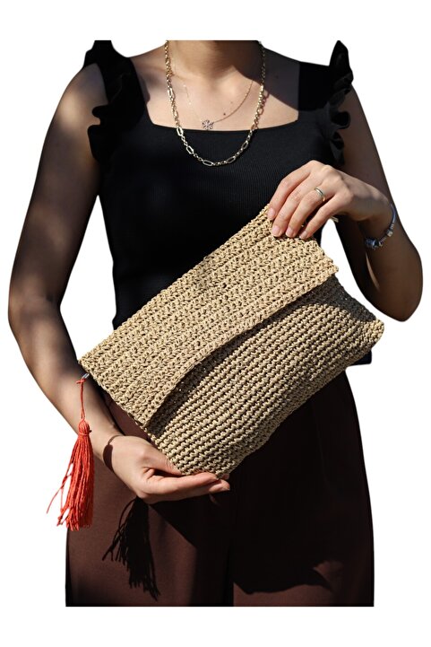 RESEEN RECYCLE Kağıt İplikten Örme El Çantası - Fermuarlı, Polycotton Astarlı, Cepli (28x20 cm)