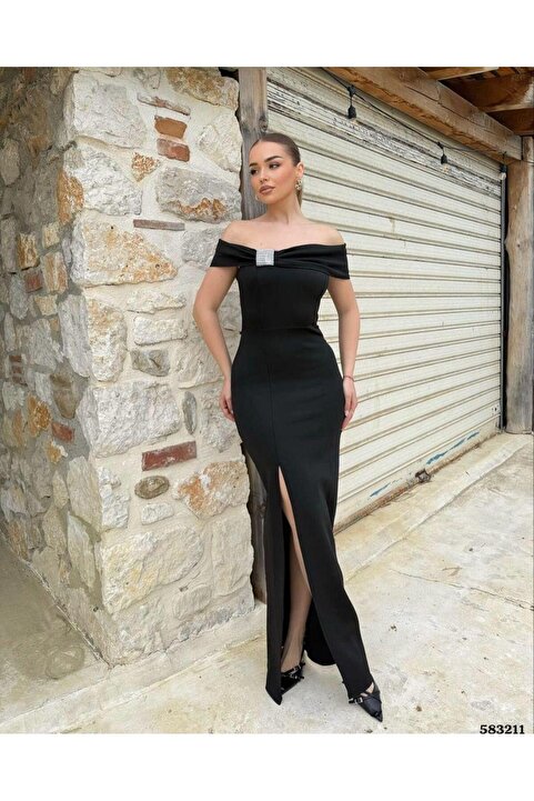 Modafeminen Straplez Yaka Taş Detaylı Yırtmaçlı Elbise Siyah 583211