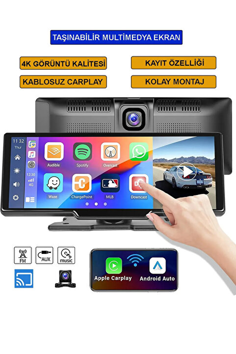 EverBox Tüm Araçlarla Uyumlu Carplay & Android Auto Monitör 4K Kamera Youtube Ekran Yansıtma Arka Kamera