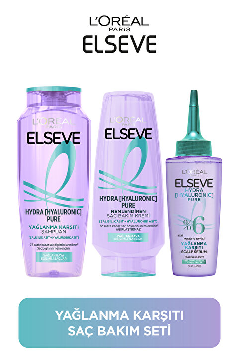 Elseve Hydra Pure Salisilik Asit içeren Yağlanma Karşıtı Arındırıcı 3'lü Bakım Seti