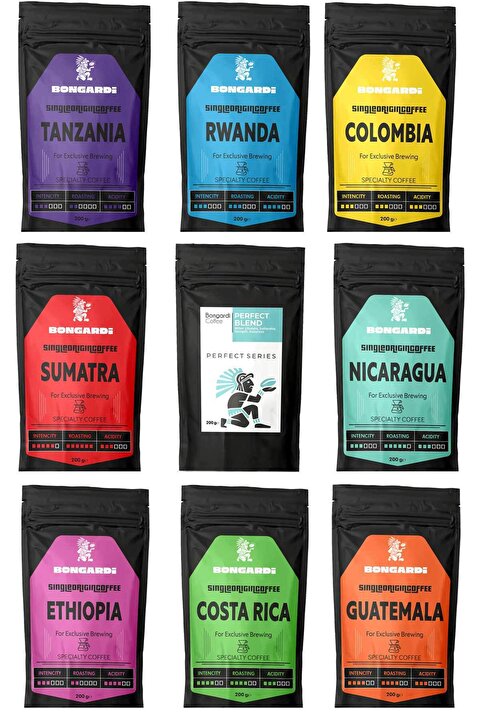 Bongardi Coffee Nitelikli Kahveler Seti Single Orjin Kahveler 9x200g Colombia Guatemala Nicaragua Sumatra Etiyopya