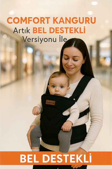 Molmini Comfort Bel Destekli Ergonomik Kanguru Siyah Bebek Taşıma Çantası Ana Kucağı Anakucağı Baby Sling