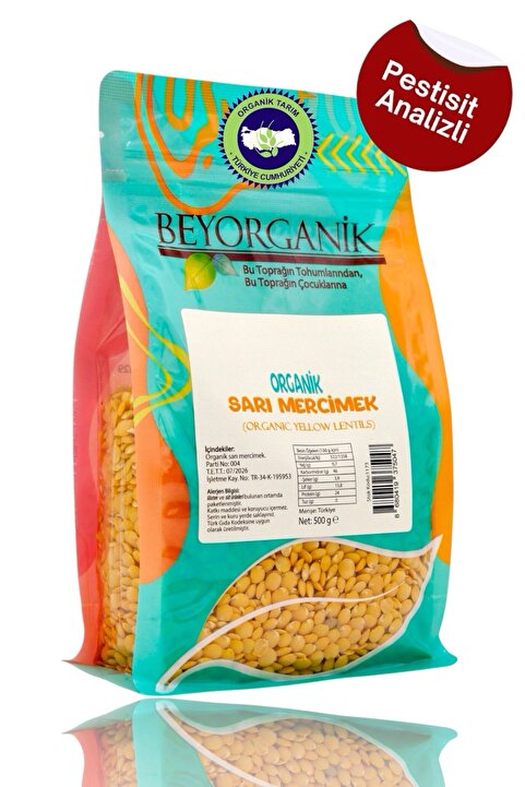 BEYORGANİK Organik Sarı Mercimek 500gr (PESTİSİT VE AFLATOKSİN ANALİZLİ)