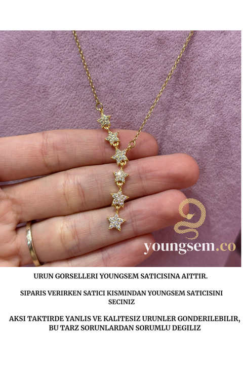 youngsem Stainles Steel Kayan Yıldızlı Gold Y Kolye Parlak Taşlı