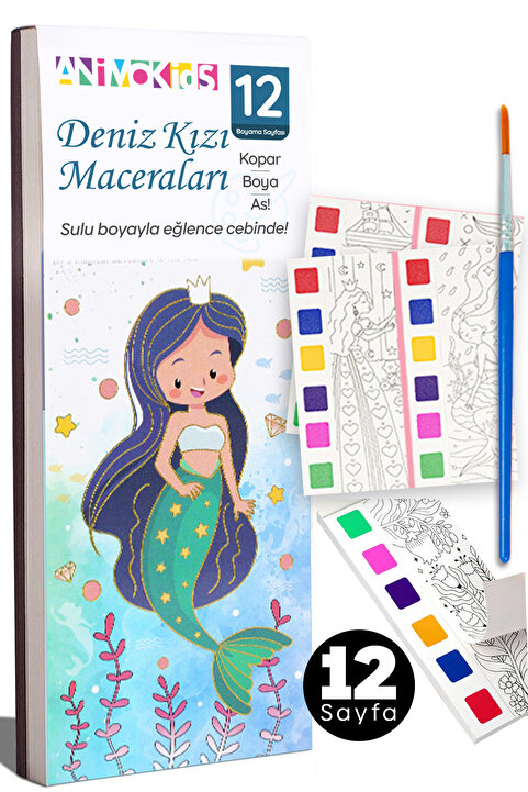 animokids Renk Paletli Sulu Boya Kitabı + Fırça, 12 Sayfa Aktivite Boyama Kitabı Seti - Deniz Kızı Maceraları