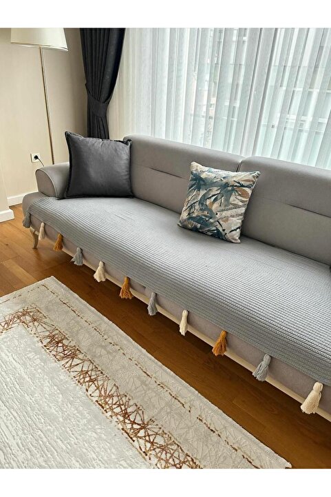 PETEKHOME Püsküllü Koltuk Örtüsü Gri Renk 1 Adet (90X210) Yanlizca Oturma Alanına Ortudur