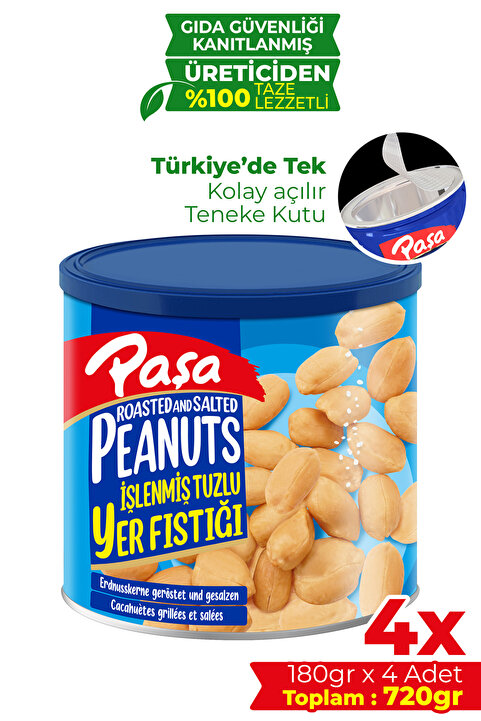 Paşa Kuruyemiş İşlenmiş Yer Fıstığı Teneke Kutu 180 gr X 4 Adet (720 GR)
