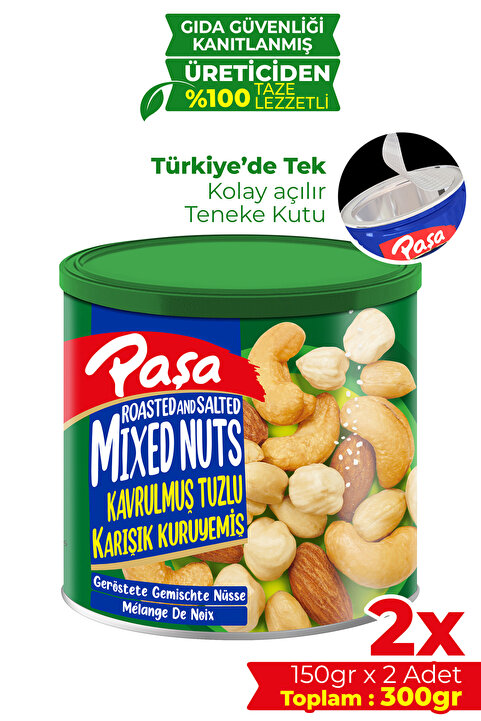 Paşa Kuruyemiş Kavrulmuş Karışık Kuruyemiş Teneke Kutu 150 gr X 2 Adet (300 GR)