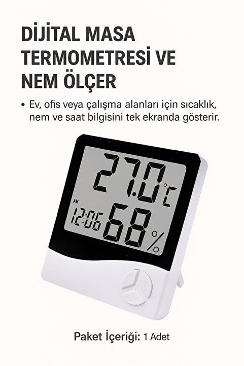 keyfisepet en keyifli sepet Dijital Masa Termometresi ve Nem Ölçer – Saat Göstergeli LCD Ekran