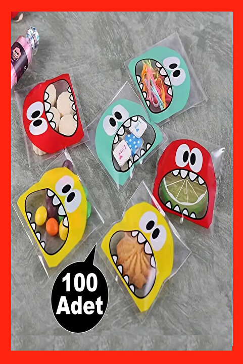 Hyd  Canavar Desenli Bantlı Şeffaf Poşet Hediyelik Kendinden Yapışkanlı Jelatin 10x15cm 100 Adet