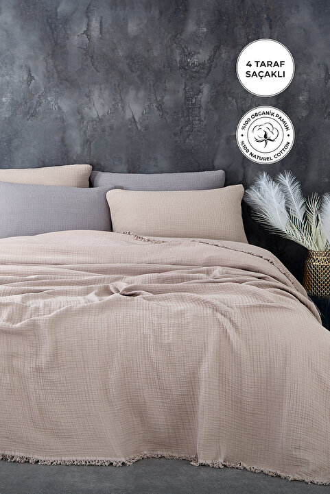 Evlen Home Collection %100 Pamuk Battal Boy Çift Kişilik Müslin Yatak Örtüsü Seti 4 Kat Müslin Pike Takımı Cappuccino
