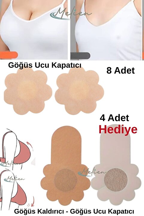 Melien 8’li Göğüs Meme Ucu Kapatıcı + 4’lü Push-Up Göğüs Kaldırıcı Koruyucu Sütyensiz Pedi Bez Bant Seti