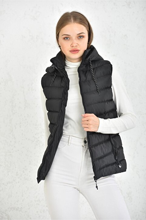 WAPP Unisex Siyah Çıkarılabilen Fermuarlı Kapüşonlu Günlük Şişme Yelek