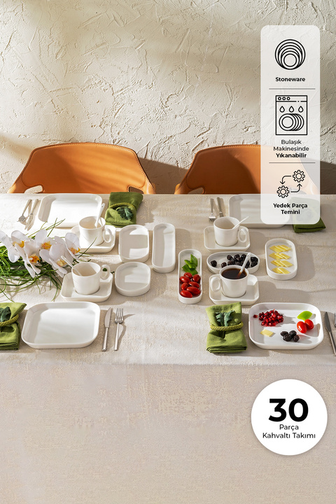 Emsan Yeni Mısra 30 Parça 6 Kişilik Porselen Kahvaltı Servis Takımı Beyaz