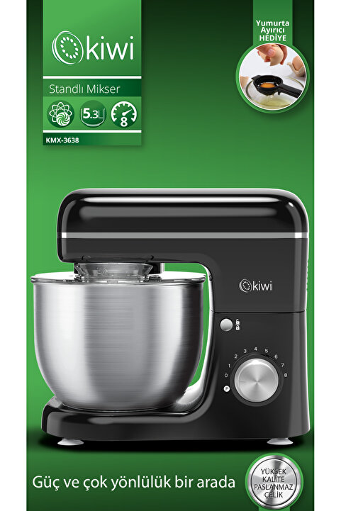 Kiwi Kmx-3638 Hamur Yoğurma & Stand Mikser 5,3 Lt 1300w 8 Hız Kademeli Mutfak Şefi Siyah