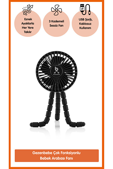 Gezenbebe Çok Fonksiyonlu Mini Fan – Esnek Ayaklı, USB Şarjlı Bebek Arabası & Masaüstü Vantilatör
