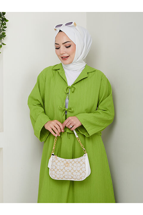 exxitcollection Kadın Tesettür Gofre Kumaş Yağ Yeşili Crop Bağlamalı Şık Modern Etekli İkili Kimono Takım