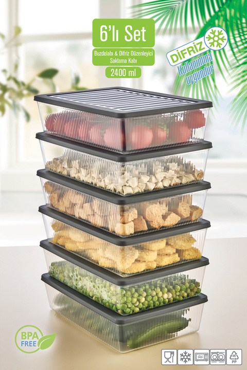 VİGENTİNO 6'Lı Set Buzdolabı Organizer Mikrodalga ve Difrize Uygun Saklama Kabı 6 X 2400 ml