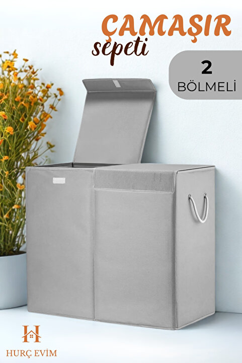 HURCEVİM Mega Boy 100 Lt Katlanabilir 2 Bölmeli Çamaşır Sepeti – Gri, Su Geçirmez, Kulplu, Dik Duruşlu