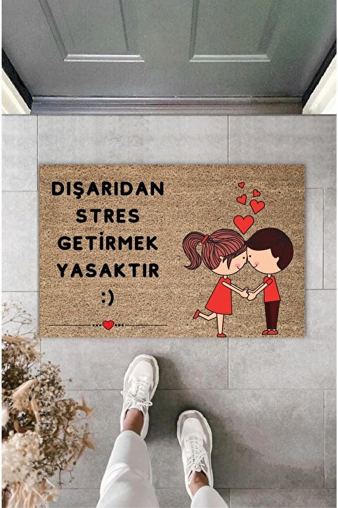 Pazarova 1Dijital Baskı Modern Dışarıdan Stres Getirmek Yasaktır Sevimli Çift Kapı Önü Paspası 70x45cm