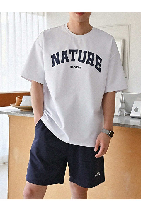 trendgar Unisex Nature Baskılı Beyaz Lacivert Şortlu Takım