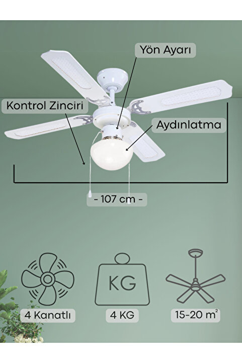 GOOD HOME Aydınlatmalı Tavan Vantilatörü 107 Cm Beyaz Kanat