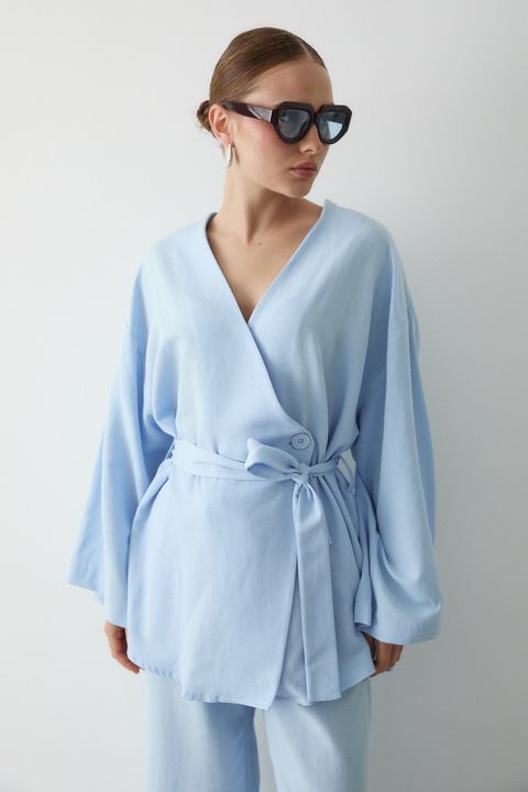Laluvia Mavi Düğme Detaylı Kemerli Kimono - 005