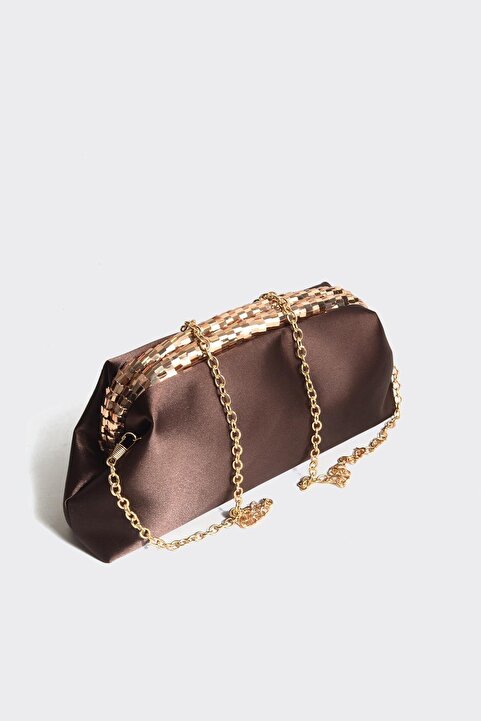 Berlesi Acı Kahve Saten Gold Payet Detaylı Clutch Abiye Çanta