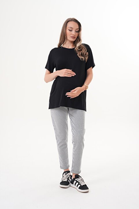Miss Dünya Lissa Kısa Kol Oversize Tshirt Çizgili Pantolon Hamile ve Lohusa Alt Üst Takım