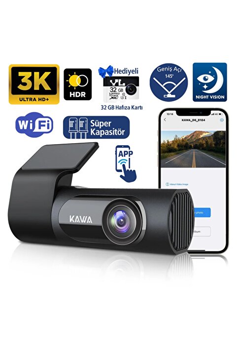 Kawa D6 3K 1620P 145° Geniş Açı Lens DSI-2 Gece Görüşlü G-Sensörlü WDR WiFi Araç Kamerası