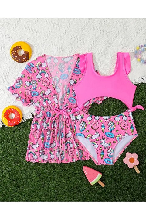 3b kids pembe unicorn mayo bikini pareo 2 li çocuk bikini mayo takımı deniz plaj giyim