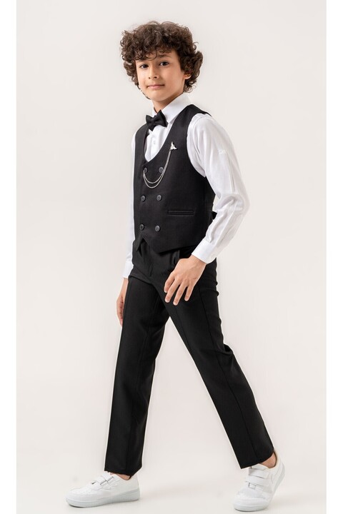Atlas Kids Erkek Çocuk Smokin Takım Elbise – Pantolonlu Yelekli Papyonlu Gömlekli Zincirli 5’li Set