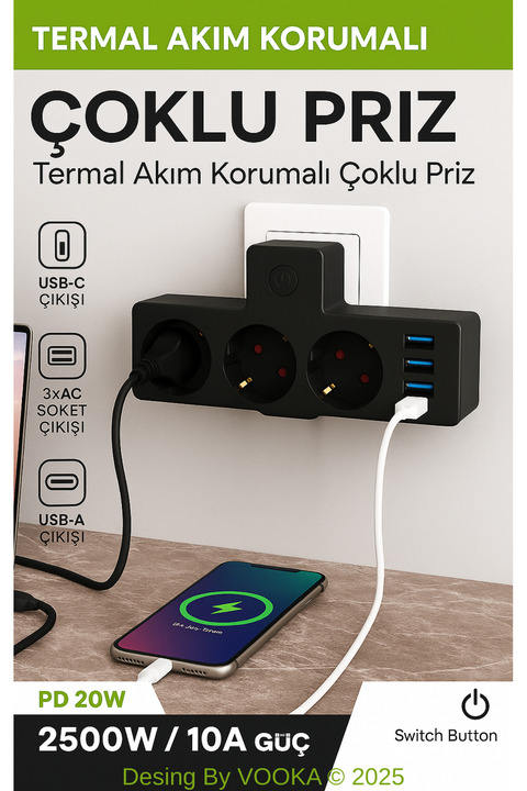 MO DOU Akıllı Priz Termal Korumalı 3 Prizli Çoklu Akım Prizi | 3 USB-A + 1 USB-C 2500W 10A PD 20W