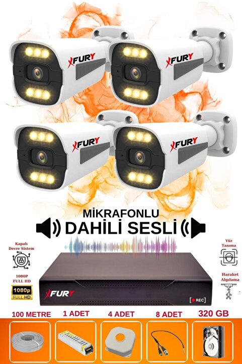 FURY 4 LÜ Sesli 6 Warm Led Gece Renkli Görüş Su Geçirmez Güvenlik Kamerası Seti 320GB