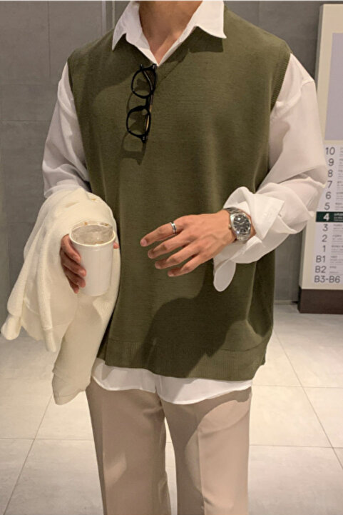 Tarz Cool Erkek Haki V Yaka Oversize Süveter
