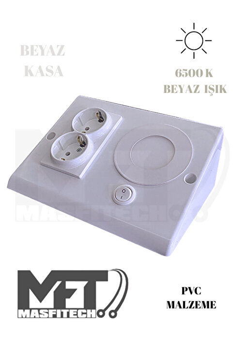 Masfitech Dolap Altı Priz – LED Işıklı Mutfak Tezgah Prizi | 3W Beyaz Işık (Beyaz Kasa)