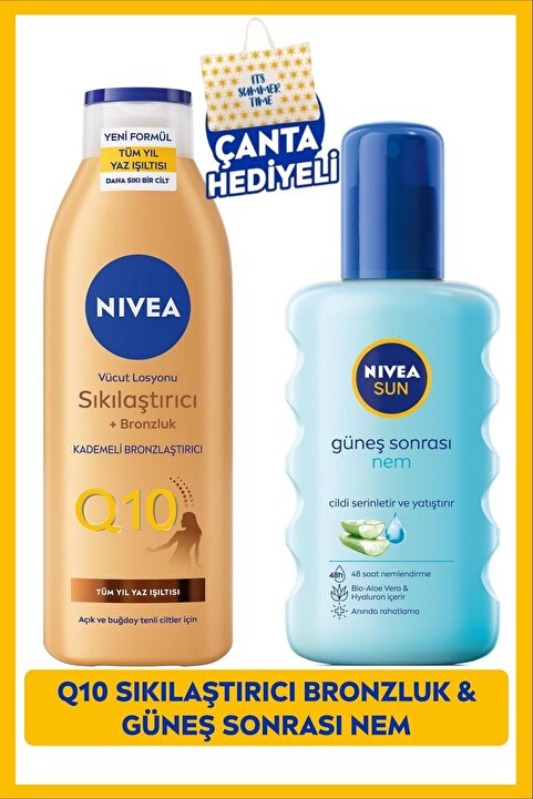 NIVEA Sun Güneş Sonrası Nemlendirici 200ml Ve Q10 Sıkılaştırıcı Bronzluk Vücut Losyonu 200ml, Çanta Hediye