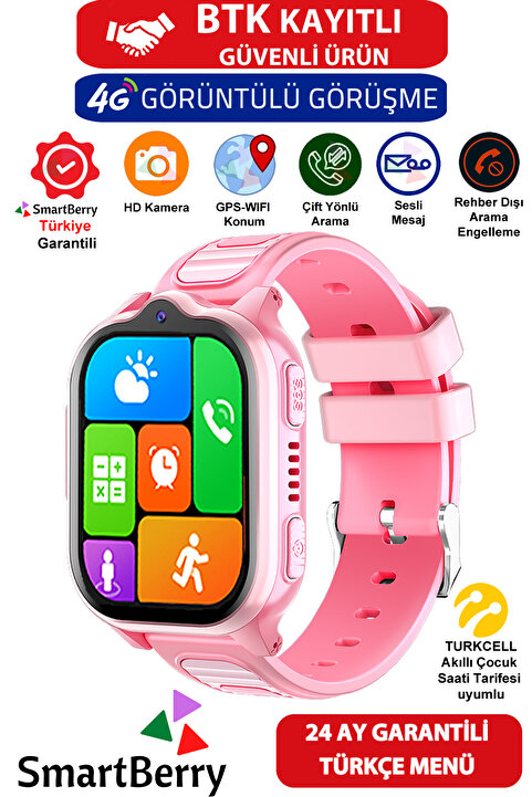 Smartberry Z32 Görüntülü Görüşme Gps Wıfı Net Konum Gizli Dinleme Akıllı Çocuk Takip Saati Sim Kartlı - Pembe
