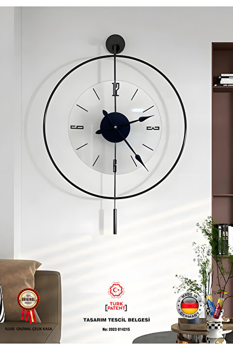 MetaQuartz Aksesuar Siyah Luxry Şefaf (YENİ TAMPERLİ KIRILMAZ CAM)-Quartz Mekanizma - (50X75CM) Metal  Duvar Saati