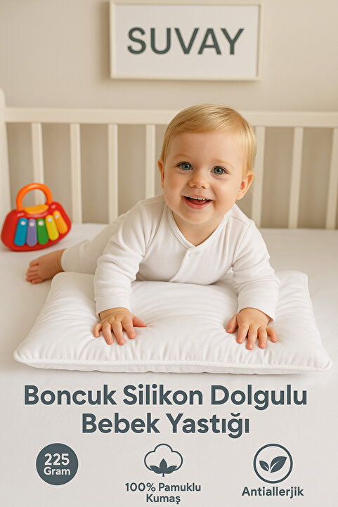 SUVAY Antialerjik Bebek Yastığı Boncuk Silikon Yastık 35x45 Cm 250 gram %100 Pamuk Kılıf