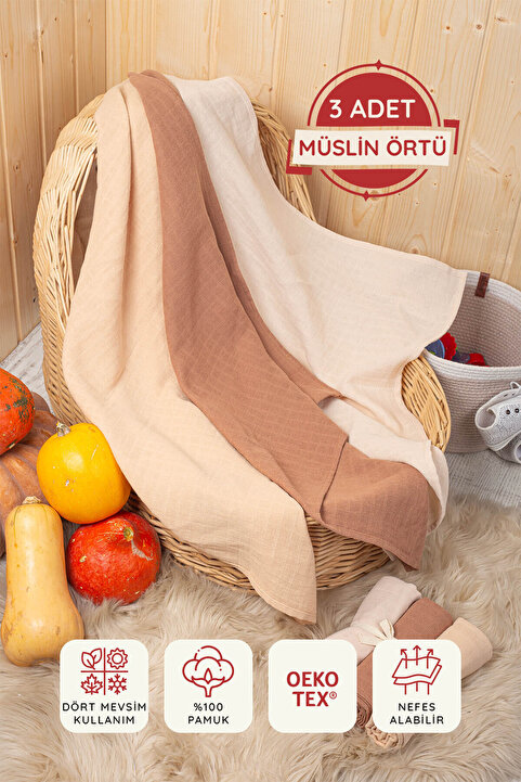 LUCKKA 3'lü Çok Amaçlı Müslin Bez, Örtü, Battaniye Seti Unisex Renkli %100 Pamuk - 75x75 Cm