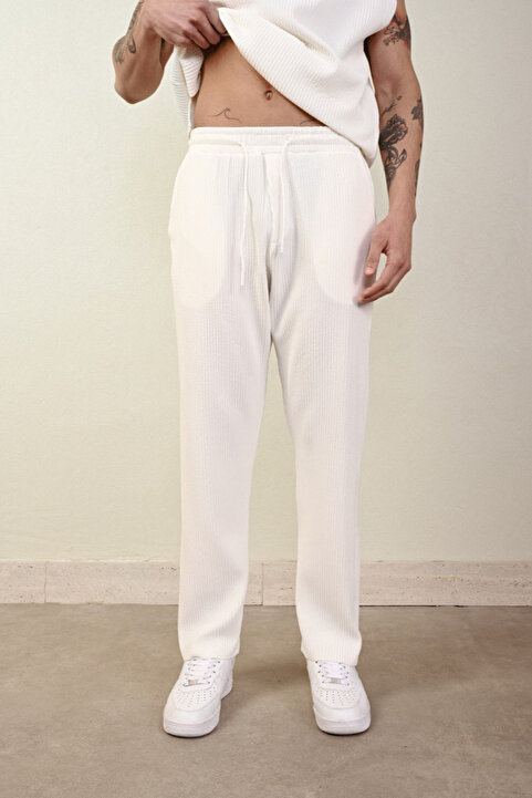 İLKCET MODA Fitilli Beyaz Oversize Ottoman Pantolon