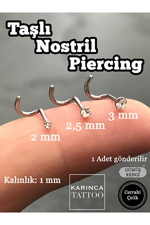 Karınca Piercing Taşlı Burun Piercing Kıvrık Nostril Piercing Gümüş veya Gold Altın Rengi Hızma Cerrahi Çelik