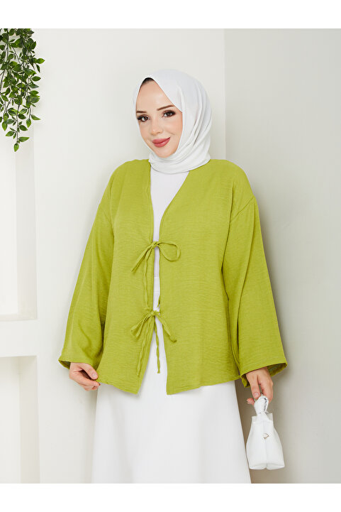 exxitcollection Kadın Tesettür Keten Önü Bağlamalı 2 Bağcıklı Modern Şık Etek Üsttü Yağ Yeşili Kimono Gömlek