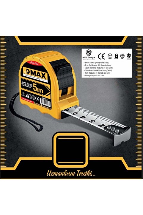 DMAX Kemer Klipsli Otomatik Durdurmalı Çelik Metre 5 Metre Şerit Metre 25MM (MID Onaylı)